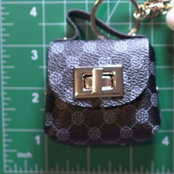 Mini Bag Keychain Charm Coin Purse Black Gray Monogram Gold Hardware Pearls NWT - Picture 8 of 9
